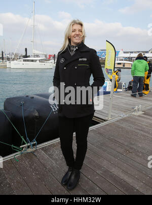 Kate Thomson, wife of British sailor Alex Thomson, during media interviews at Les Sables d'Olonne, western France, as she awaits her husband's finish in the Vendee Globe race. Stock Photo