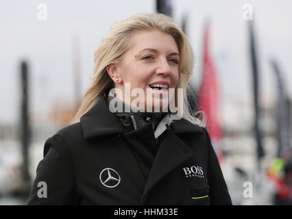 Kate Thomson, wife of British sailor Alex Thomson, during media interviews at Les Sables d'Olonne, western France, as she awaits her husband's finish in the Vendee Globe race. Stock Photo