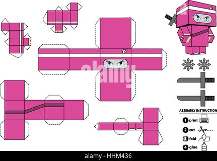 Ninja paper toy with assembly instruction. This vector is completely customizable. Stock Photo