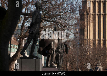 The three statues of South African President  Jan Smuts Lloyd-George And Churchill on 18th January 2017, in Parliament Square, London England. On the left is Field Marshal Jan Christiaan Smuts was a prominent South African and British Commonwealth statesman, military leader and philosopher. In the middle is David Lloyd George 1st Earl Lloyd-George of Dwyfor, OM, PC was a British Liberal politician and statesman. And on the right is Winston Churchill was a British wartime Prime Minister. Stock Photo