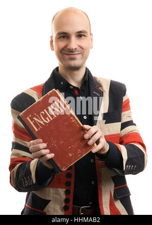 man holding an English book isolated on white background Stock Photo