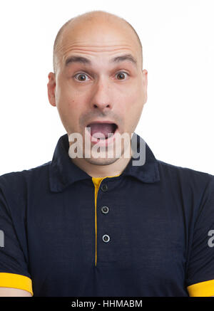 Portrait of Shocked funny Bald dude isolated on white Stock Photo