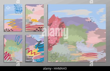 Vector illustration set of artistic colorful universal cards. Brush textures. Wedding, anniversary, birthday, holiday, party. Design for poster, card, invitation. Painting in the impressionism style. Stock Vector