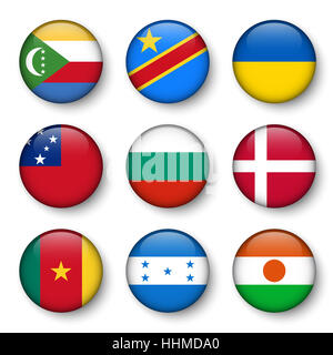 Set of world flags round badges ( Comoros . Democratic Republic of the Congo . Ukraine . Samoa , Bulgaria . Denmark . Cameroon . Honduras . Niger ) Stock Photo