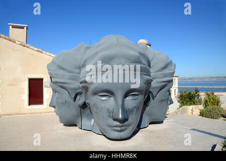 Sculpture 'Le Castelet' Faces of Four Greek Goddesses Looking towards the Four Cardinal Points Fort Saint-Jean MUCEM Marseille Stock Photo