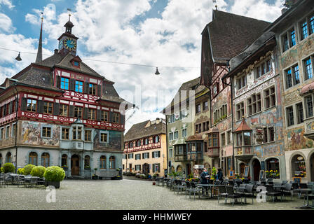 Town Hall in the main square, historic houses in the old town, Stein am Rhein, Canton of Schaffhausen, Switzerland Stock Photo