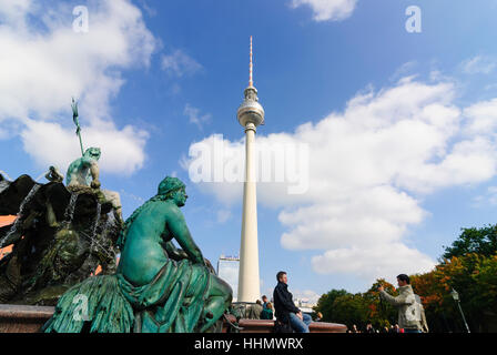 Berlin: Neptune fountain and TV Tower, , Berlin, Germany Stock Photo