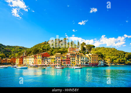 Portofino luxury landmark panorama. Village and yacht in little bay harbor. Liguria, Italy Stock Photo