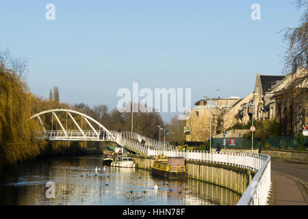 River Cam Riverside cycle and foot bridge winters day Cambridge Cambridgeshire 2017 Stock Photo