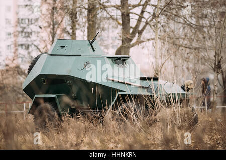 BA-64 Is A Small Lightly Armoured Soviet Scout Car Stands In Autumn Forest. Stock Photo