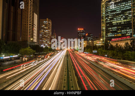 Jianguo Road at Night, Beijing, China Stock Photo