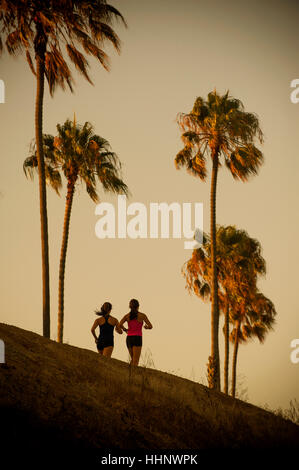 Mixed Race mother and daughter running under palm trees Stock Photo