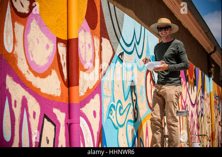 Portrait of man standing on ladder painting mural on wall Stock Photo