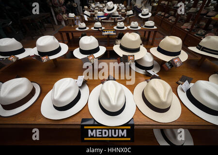 July 21, 2016 Cuenca, Ecuador: classic Panama hats on display in the straw hat museum in the centre of the city Stock Photo