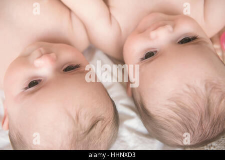 Faces of Caucasian twin baby girls Stock Photo