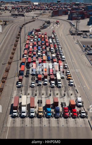 Aerial view of cargo containers on semi-trucks Stock Photo