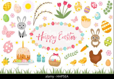 Happy Easter collection object, design element.  spring set with cake, basket, eggs, bunny, flowers, nestlings and more. Vector illustration, clip art. Stock Vector