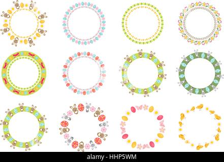 Easter round frame for your text set. Isolated on white background. Vector illustration. Stock Vector