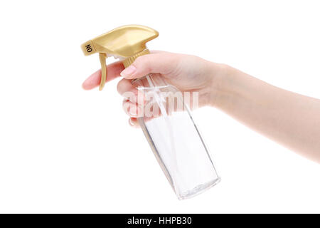 Hand holding spray perfume plastic bottle on white background Stock Photo