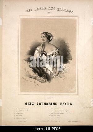 Sheet music cover image of the song 'The Songs and Ballads of Miss Catharine Hayes No 6 Ah My child (Ah mon fils) [English and French]', with original authorship notes reading 'Music by Meyerbeer', United States, 1900. The publisher is listed as 'Firth, Pond and Co.', the form of composition is 'sectional', the instrumentation is 'piano and voice', the first line reads 'Ah! my child! Ah! my child! For thy poor mother didst thou then smother all thy sweet dreams', and the illustration artist is listed as 'Sarony and Major N.Y.; Quidor Engvr.'. Stock Photo