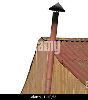 Old aged rusted weathered shack smokestack chimney, grunge rusty steel smoke pipe, grungy brown yellow terracotta hut wall paint, red painted metallic Stock Photo