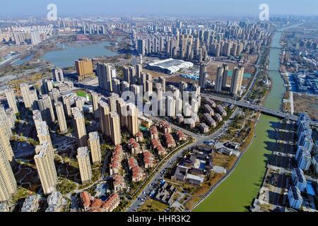 January 14, 2017 - Huai'An, Huai'an, China - Huai'an, CHINA-January 14 2017: (EDITORIAL USE ONLY. CHINA OUT) .Aerial photography of Huai'an, east China's Jiangsu Province, January 20th, 2017. As strong wind blew away heavy smog, blue sky can be seen in Huai'an, Jiangsu. Credit: SIPA Asia/ZUMA Wire/Alamy Live News Stock Photo