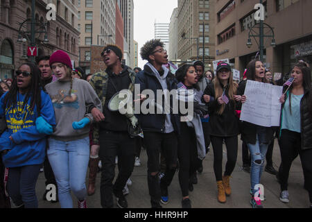 Denver, Colorado, USA. 20th Jan, 2017. Protestors chant and march against the inauguration of Donald Trump for President in the downtown area of Denver, Colorado. Credit: Eliott Foust/ZUMA Wire/Alamy Live News Stock Photo