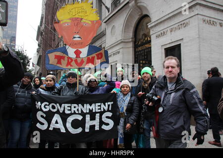 New York, USA. 20th Jan, 2017. Protestors in front of the Trump Tower demonstrate against the new American president Donald Trump in New York, USA, 20 January 2017. Peaceful and occasionally violent protests took place across the city in response to the inauguration of Donald Trump. Photo: Christina Horsten/dpa/Alamy Live News Stock Photo