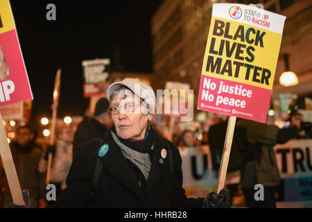 London, UK. 20th Jan, 2017. Protesters gathered outside the US Embassy in Grosvenor Square to oppose Donald Trump's inauguration. Following the rally, protesters marched down Oxford Street and through the West End. Credit: Jacob Sacks-Jones/Alamy Live News. Stock Photo