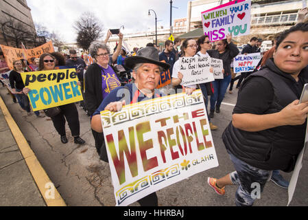 Atlanta, USA. 20th Jan, 2017. Three hundred protesters representing a large coalition of organizations march through the streets of Atlanta in opposition to Donald Trump's presidential inauguration. Credit: Steve Eberhardt/ZUMA Wire/Alamy Live News Stock Photo