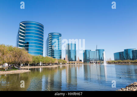 Oracle Corporation headquarters / buildings with a Oracle Team USA yacht racing boat in a pool at Redwood Shores, California Stock Photo