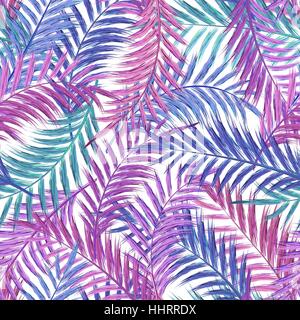 Leaves of palm tree. Seamless pattern. Palm leaf in violet on white background. Tropical trees leaves. Stock Vector