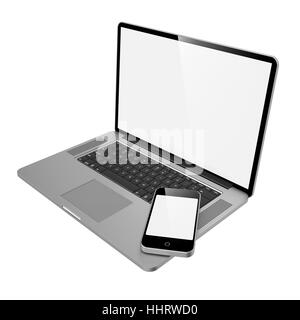 Laptop Computer and Mobile Phone on White Background. Stock Photo