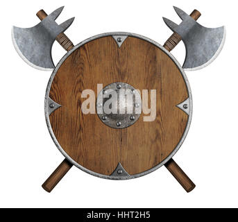 medieval round shield and crossed axes isolated 3d illustration Stock ...