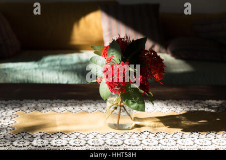 red ixora flower in vase on wood table and brown green sofa couch in living room Stock Photo