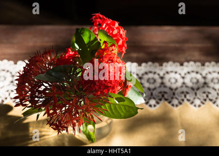 red ixora flower in vase on wood table Stock Photo