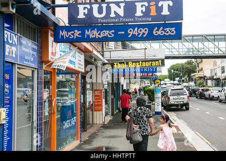 Gordon is a suburb on the Upper North Shore of Sydney in the state of New South Wales, Australia, high street with shops banks. Stock Photo