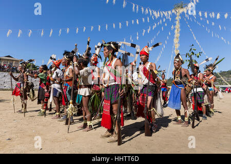 Performers from Laho village attending Chalo Loku Festival, Khonsa, Tirap District, Arunachal Pradesh, India. Stock Photo