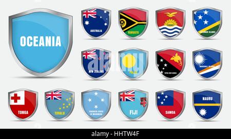 Set of metal sheets with the flags of the countries of the Oceania. Templates with the name of the country. Vector illustration Stock Vector