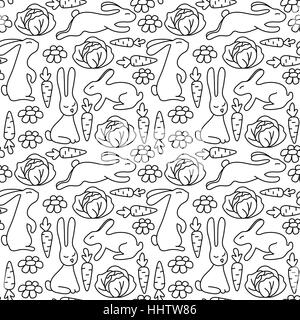 Seaemless pattern with rabbits. Pattern for coloring book. Hand-drawn decorative elements in vector. Rabbits, carrot, cabbage and flowers. Black and white pattern. Zentangle Stock Vector