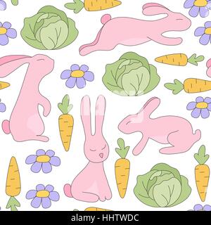 Seamless pattern rabbit jumps, sits, lies and flowers, green cabbage, orange carrots with green twigs. Vector Illustration. Kids background. Stock Vector