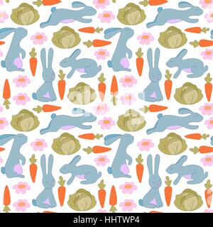 Seamless pattern with bunnies, flowers, carrots and cabbage. Rabbit background for kids. Stock Vector