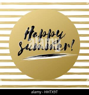 Happy summer brush lettering composition. Phrase Happy summer in gold circle. Vector illustration Stock Vector