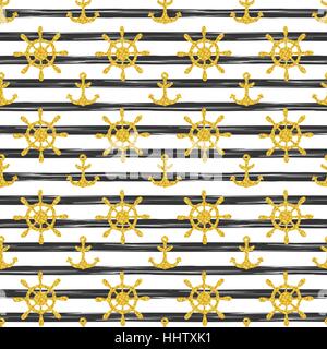Seamless nautical pattern with glittering golden anchors and ship wheels on white black striped background. Design element for wallpapers, birthday card, fabric print etc. Vector illustration Stock Vector