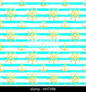 Seamless nautical pattern with golden anchors and ship wheels on white black striped background. Design element for wallpapers, birthday card, scrapbooking, fabric print etc. Vector illustration Stock Vector