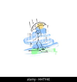 sketch doodle human stick figure walking in the rain Stock Vector