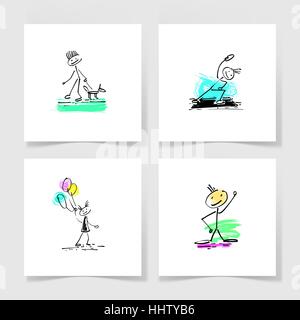 set of four marker hand drawing sketch doodle human stick figure Stock Vector