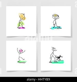 set of four marker hand drawing sketch doodle human stick figure Stock Vector