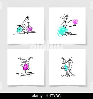 set of four marker hand drawing sketch doodle human stick figure Stock Vector