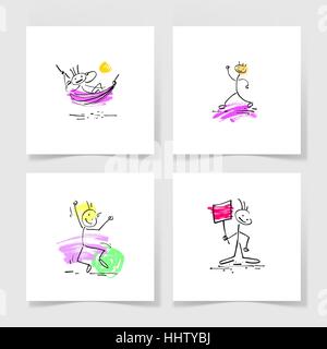 set of four marker hand drawing sketch doodle human stick figure Stock Vector